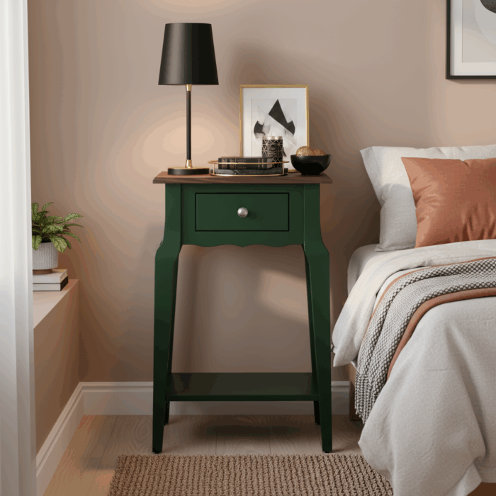 Wooding Mobilya Masif Konik Yeşil Ceviz Raflı Komodin